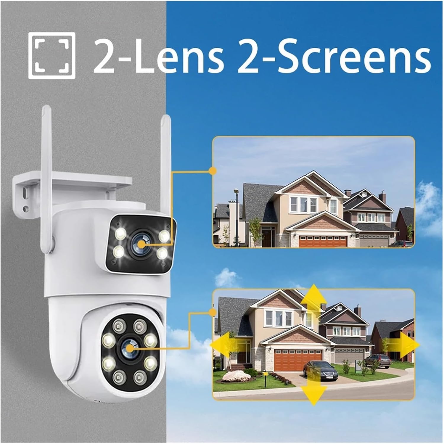 QDVOPHZA surveillance camera showing dual lenses and dual screen monitoring capability