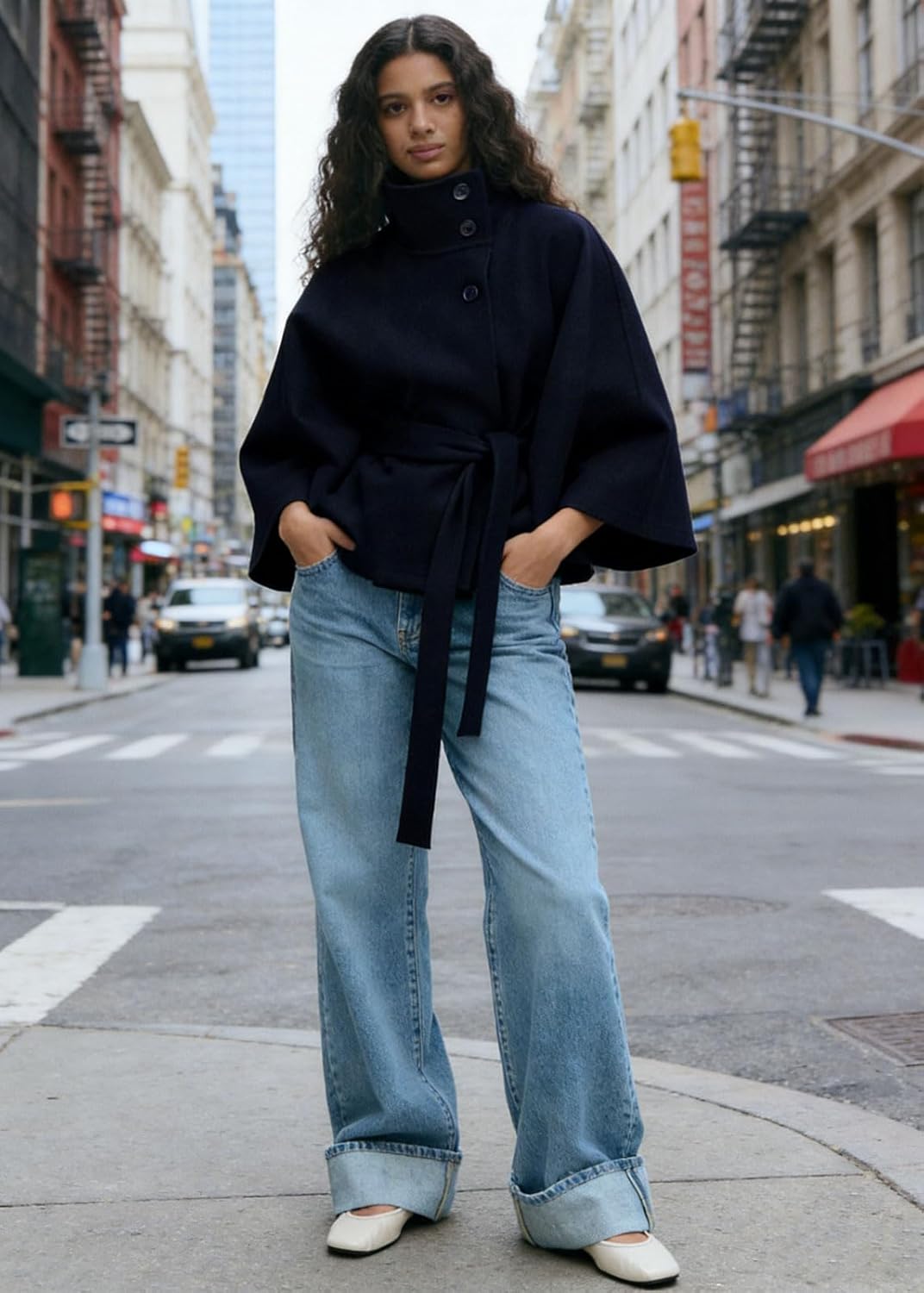 CHARTOU Women Batwing Sleeve Ponchos Pea Coat Wool Stand Collar Belt Capes Jacket Winter Cropped Overcoat - Image 5