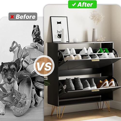 Miniatura 5 de Armario de almacenamiento de zapatos con 2 cajones abatibles, armario de almacenamiento de zapatos delgado para entrada, gabinete de zapatos