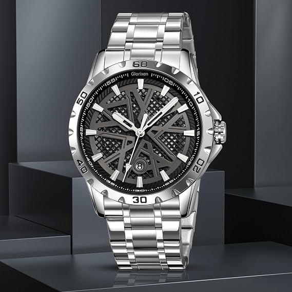 Men Luxury Business Watch Diamond Stainless Steel Waterproof Date Analog Gift Box