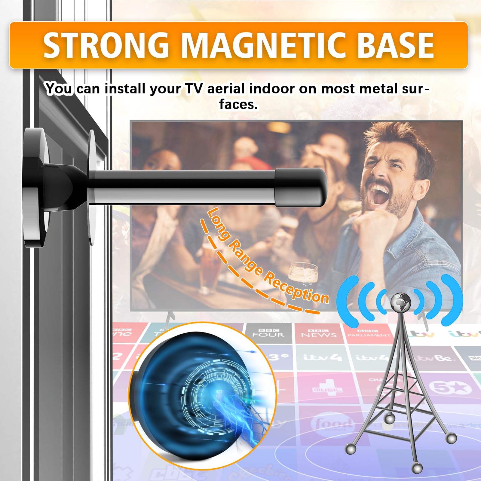 Indoor TV Aerial Freeview HD, Digital TV Aerial Indoor with 360° Reception, HD TV Aerial Strong Signal, Magnetic Base, 4K 1080P Support, Plug & Play for Smart TV & Old TVs, 5m Cable — view 6