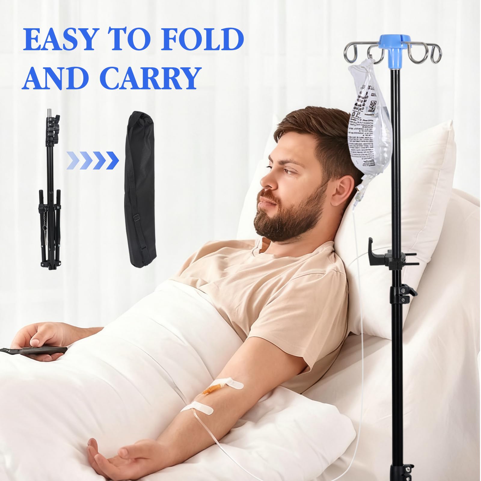 Porta Sueros Ruedas con Gancho de Peso,Soporte Portasueros Soporte Bolsa de Goteo con 4 Ganchos para Bolsa Médica de Infusión y 3 Bolsas de Red