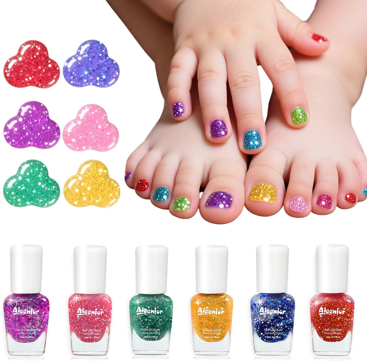 Non-Toxic Kids Nail Polish Set, Glitter Quick Dry Fingernail Polish for Toddler, Water-Based Peelable Nail Polish for Kids, 6 Color Rainbow for Halloween and DIY Gift Kid Ages 3+
