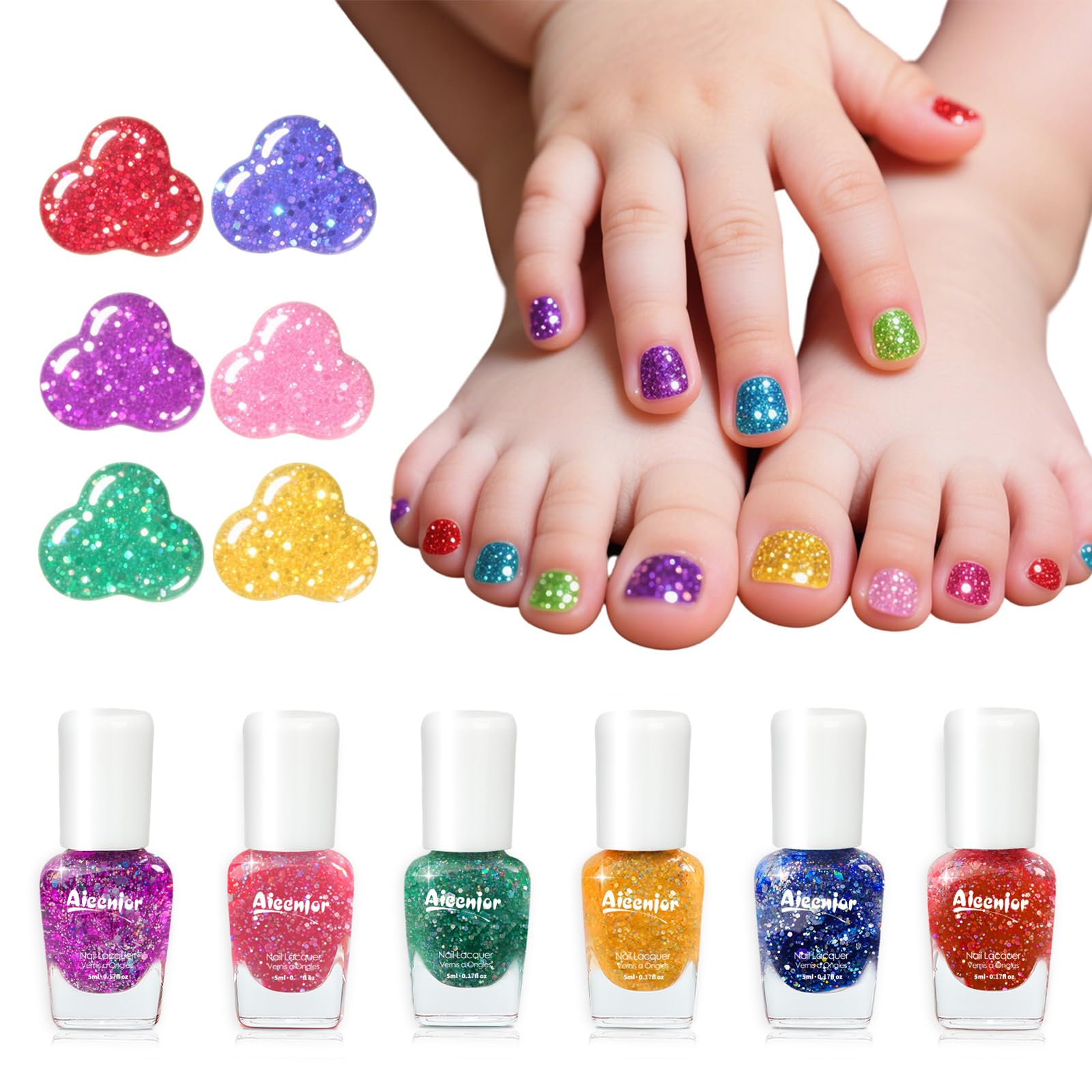 Aieenjor Schnell trocknendes Kinder-Nagellack-Set, glitzernder, ungiftiger Fingernagellack für Kleinkinder, abziehbarer Nagellack auf Wasserbasis für Kinder, 6 Farben, Regenbogen für Kinder ab 3