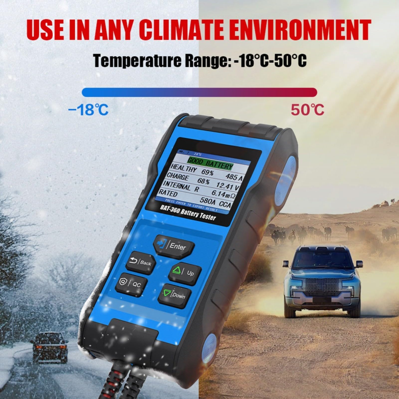 BAT-360 - Comprobador de batería para coche (12 V, con sistema de arranque y sistema de carga, pantalla TFT, comprobador de batería para AGM para Efb GEL para Lifepo4, coche, moto, camión, para taller