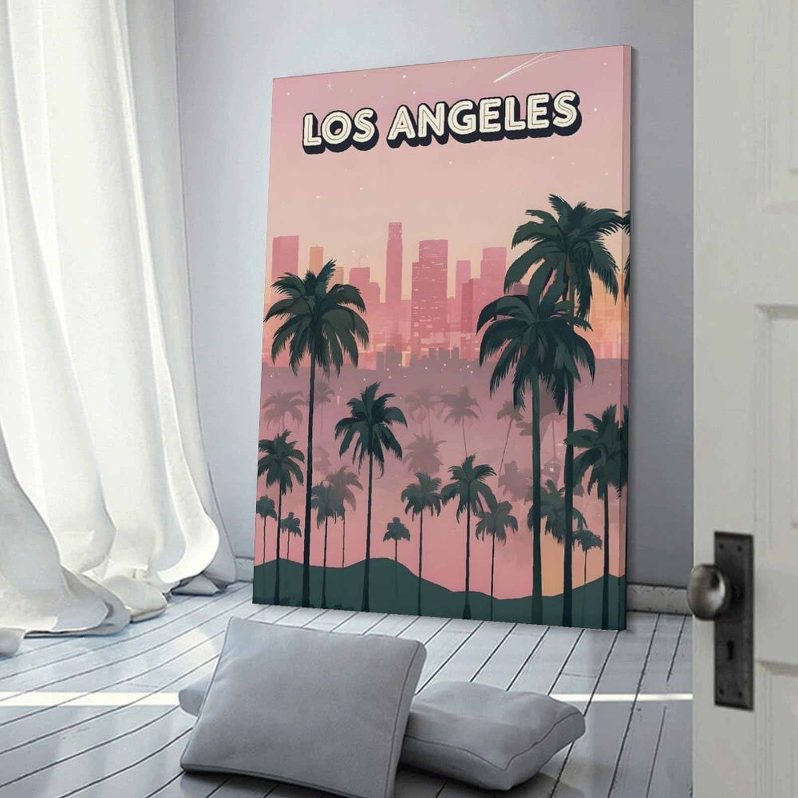 Junmoney Los Angeles Palm Trees Cityscape Canvas Art Print, 24x36inch(60x90cm), for Living Room, Bedroom, Office Or Hallway, Decorative Artwork with Broad Appeal