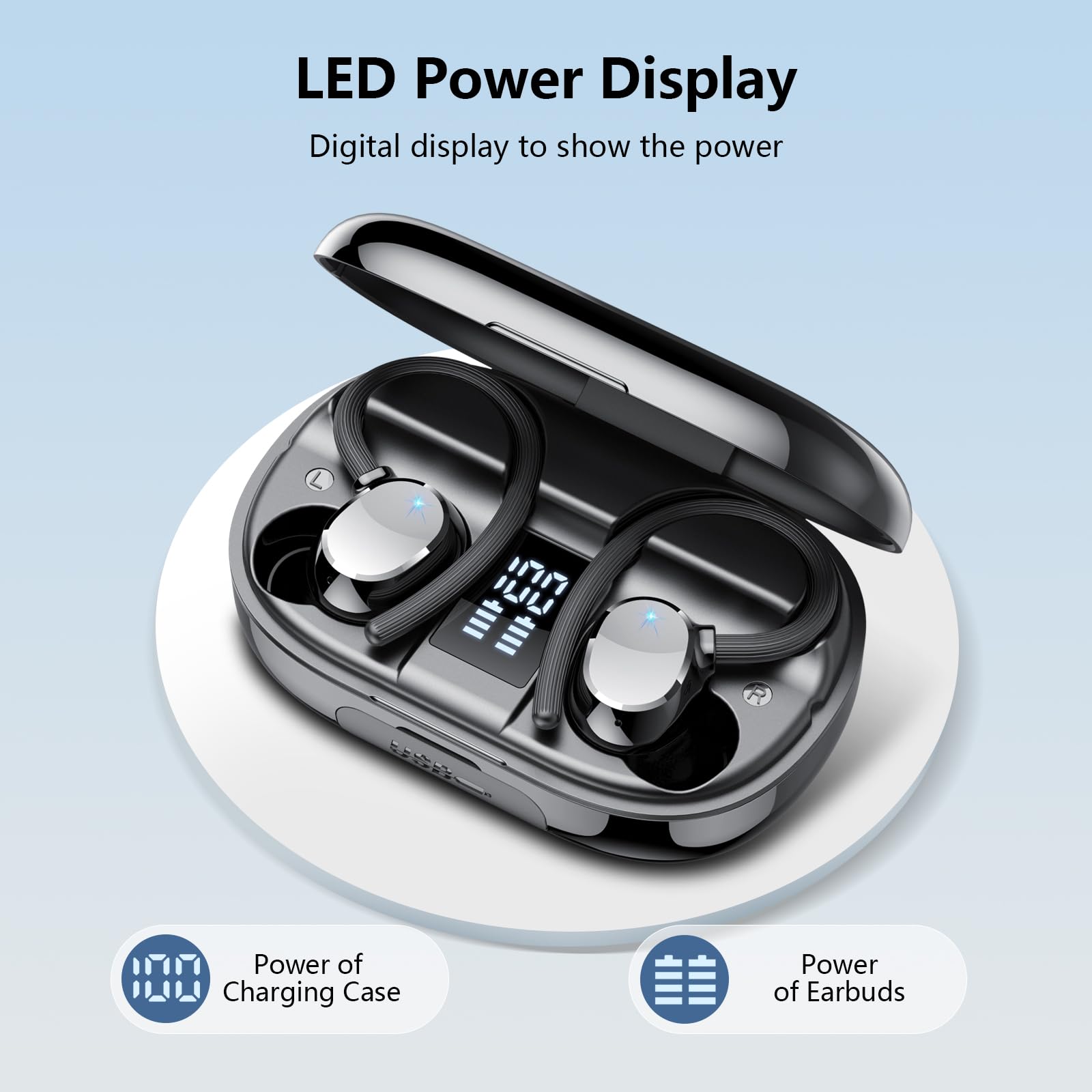 Écouteurs sans fil, écouteurs de sport Bluetooth 5.4 128H avec crochets d'oreille, double écran LED, 4 ENC antibruit, écouteurs sans fil, écouteurs étanches IP7 pour sport/gym/course à pied