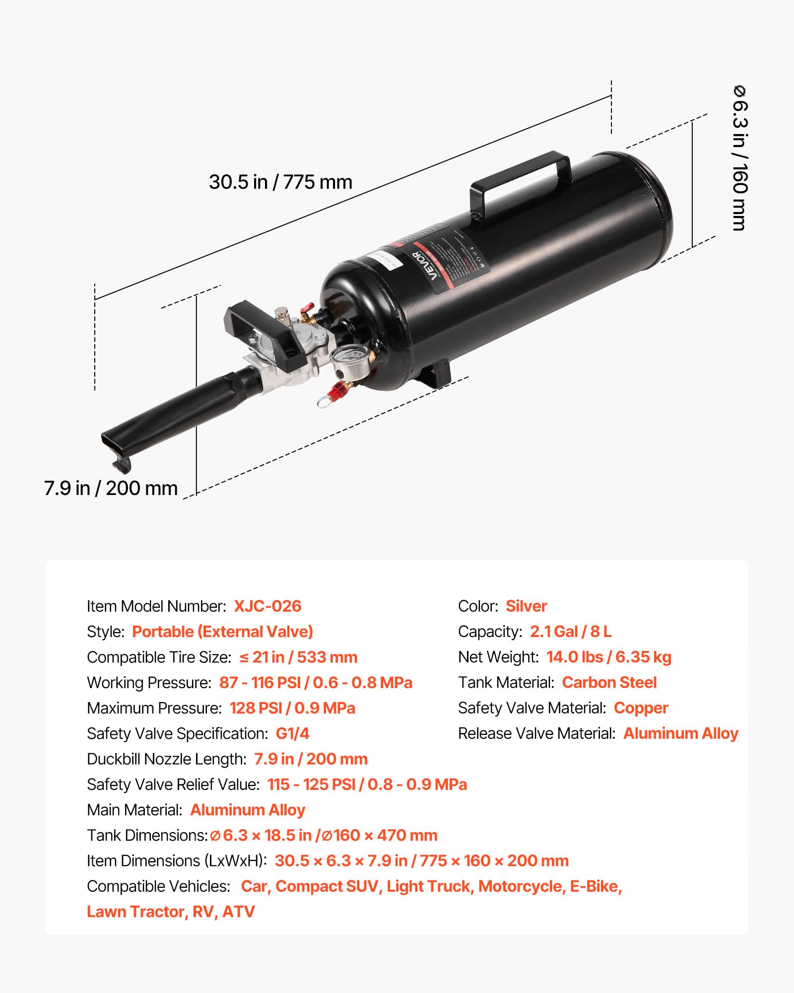 VEVOR Booster de Pneu 8 L, Canon à Air Portable, avec Pression de Service 0,6-0,8 MPa, Gonfleur Pneumatique de Pneu, pour Voiture, SUV Compact, Camionnette, Vélo Électrique, Camping-car, VTT, Noir