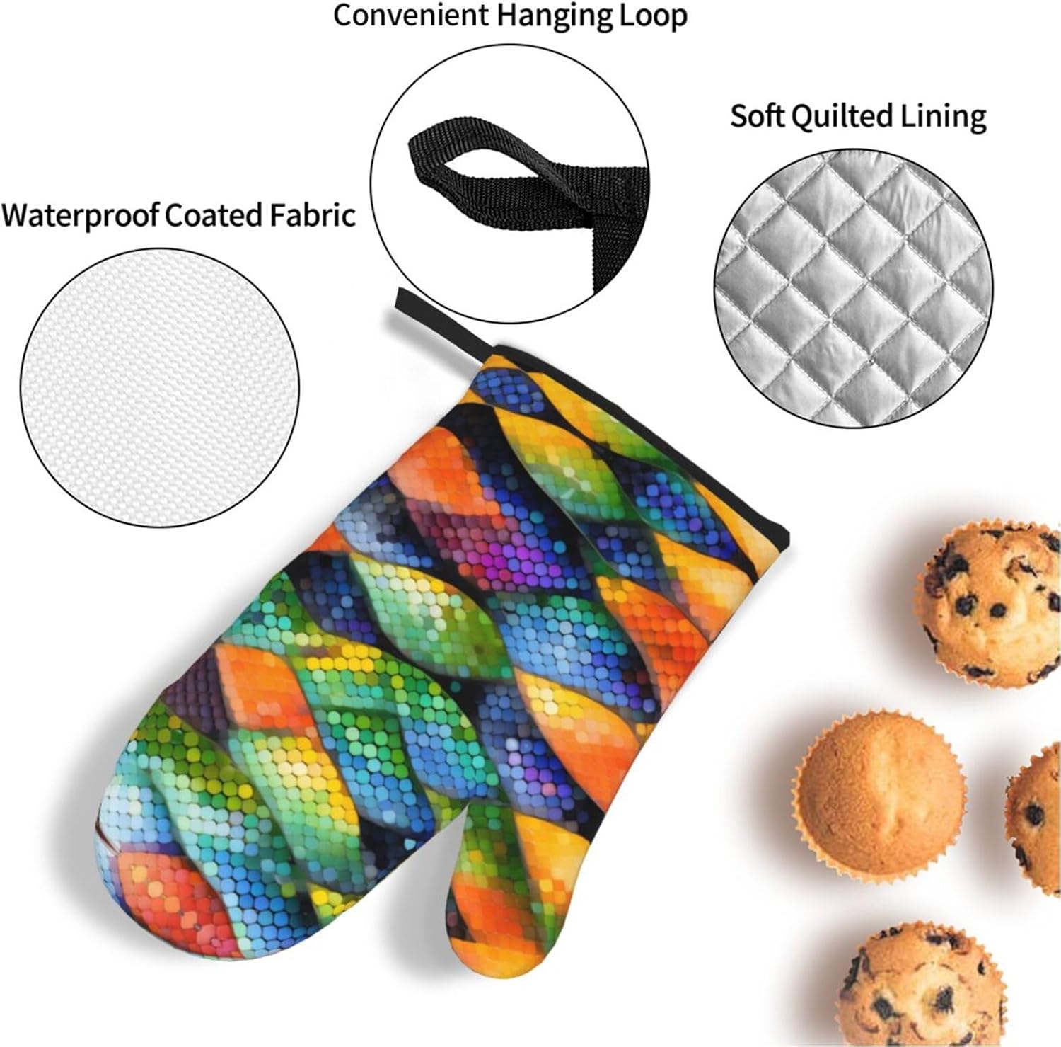 Rainbow Fish Scale Oven gloves and heat-resistant mat 4-piece set. Suitable for grilling, microwave oven frying, and baking