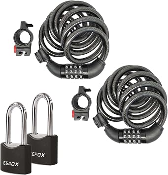 SEPOX 2Pcs Pack 6FT Extra Long Cable Combination Bike Locks & Twins 1-9/16" All-Weather Outdoor Padlocks Keyed Alike