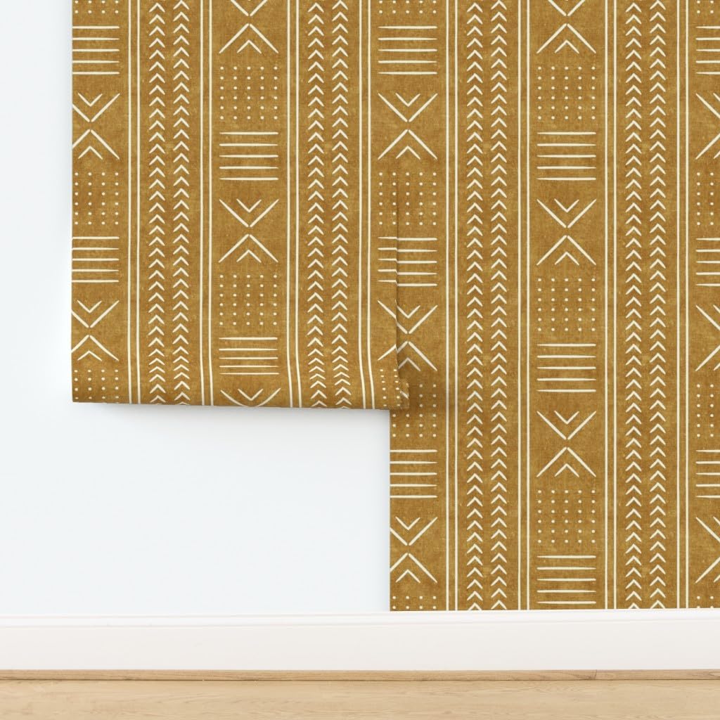 Removable Wallpaper Swatch - Mustard Mud Cloth Arrow Cross Dot Mudcloth Boho Stripe Rustic Bohemian Custom Pre-Pasted Wallpaper by Spoonflower