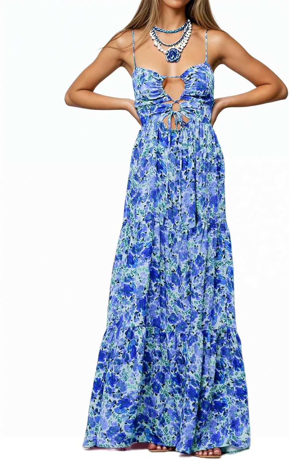 Womens Summer Floral Spaghetti Strap Backless Low Cut Smocked Milkmaid Flowy Beach Sundresses