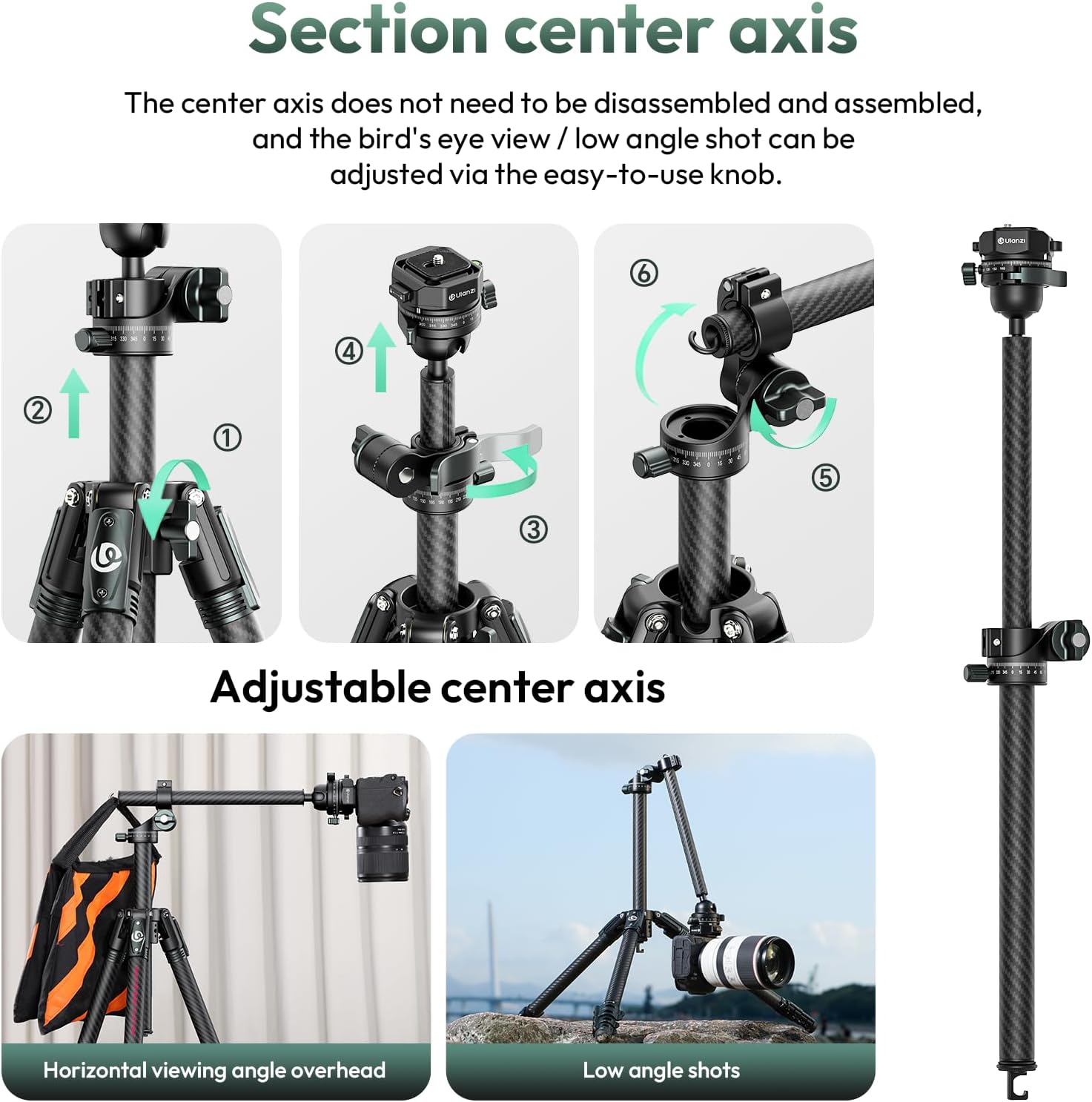 Ulanzi GlideGo JJ05 Carbon Photo Tripod with Tilting Arm - Lightweight Travel Tripod up to 18 kg Load Capacity, 184 cm Height, Ball Head with Uka Quick Release Plate for DSLR & System Camera