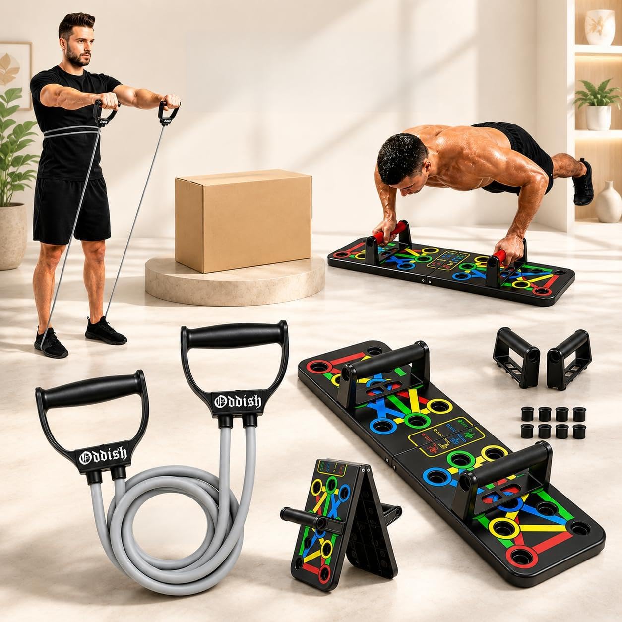oddish complete home workout set, push-up board with 25 kg resistance bands, pack of 2