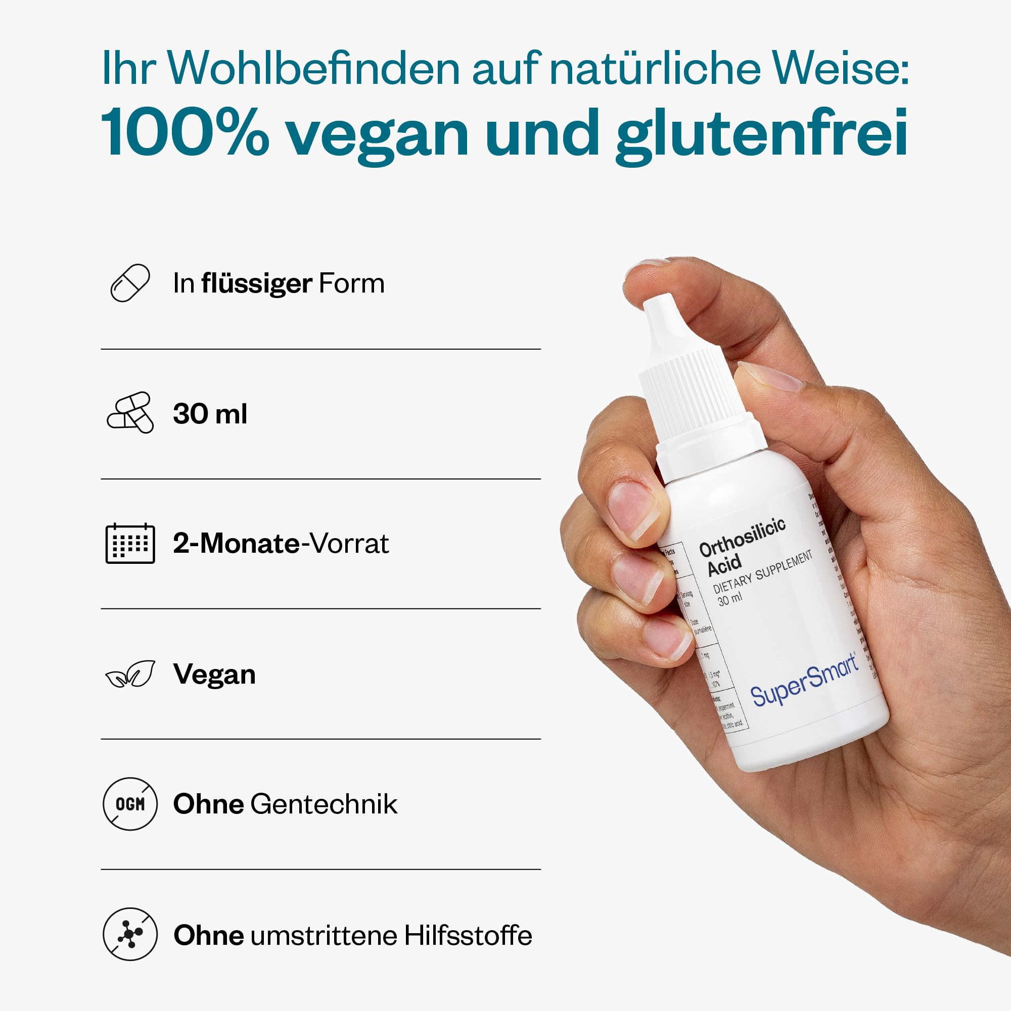 Orthosilicic Acid - Unterstützt die Gesundheit von Haut und Haaren - Stärkt die Gesundheit der Knochen - Angereichert mit Vitamin B12 und Cholin - Vegan - Glutenfrei - SuperSmart.
