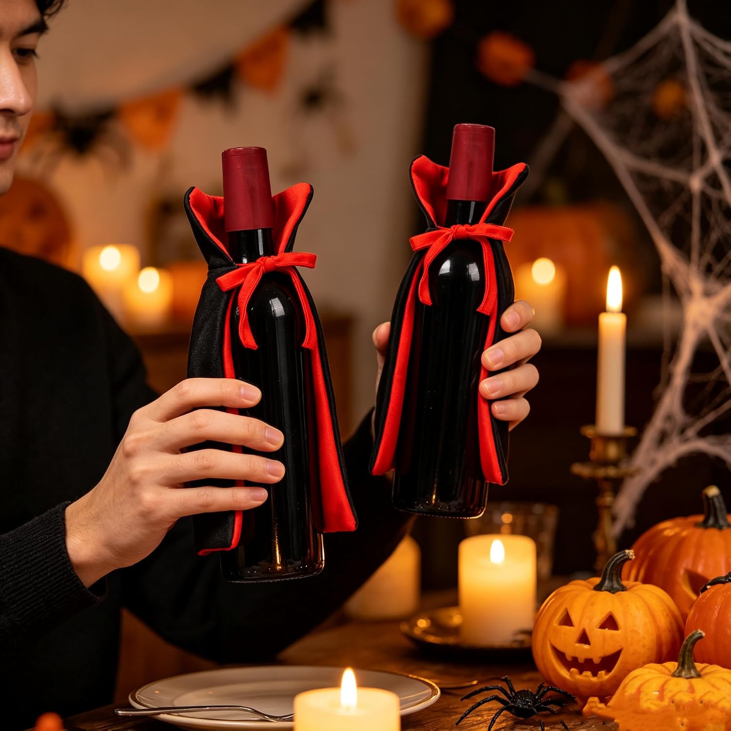 2pcs Halloween Wine Bottle Cover Decoration Vampire Cape Wine Bottle Cover Wine Holder for Party Table Decor Gifts