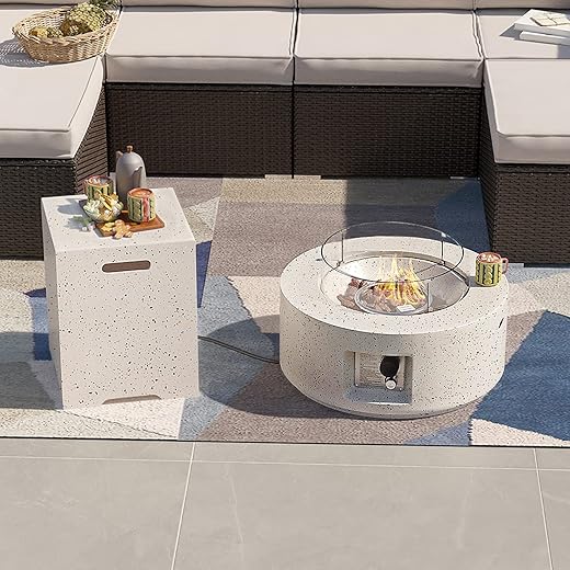 SUNBURY Outdoor 28 Inch Propane Fire Pit Table, Round Fire Table w Tank Table, 40,000 BTU Spotted White Patio Gas Fire Table w Tempered Glass Wind Guard, Waterproof Cover