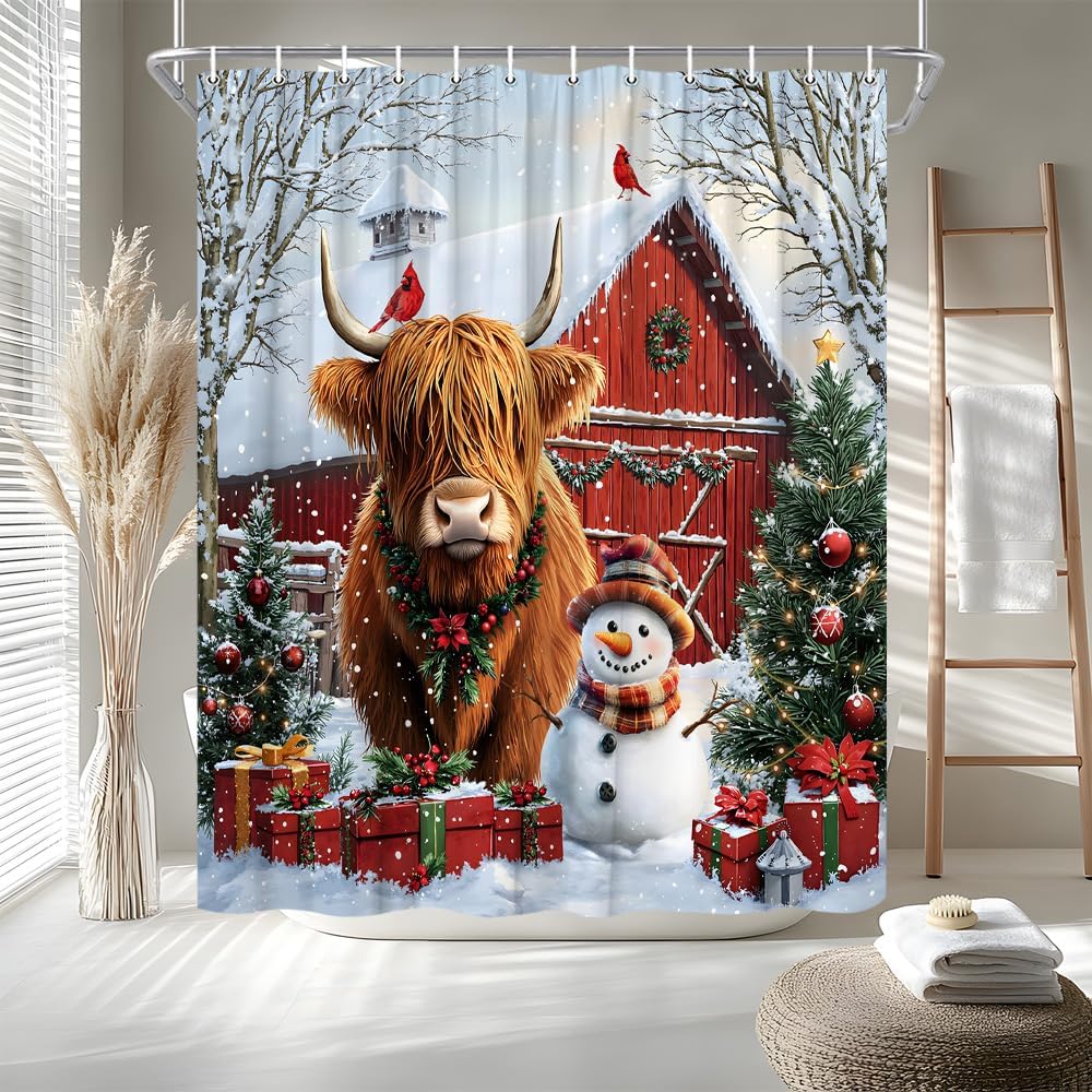 Christmas Highland Cow Shower Curtain Winter Farmhouse Cattle Snowman Red Bird Barn Xmas Pine Tree Snow Forest Scenery Bath Curtain Fabric Bathroom Accessories Decor with Hooks 84W x70L