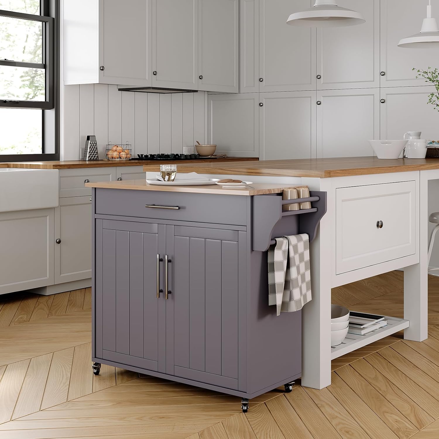 Kitchen Island on Wheels, Portable Rolling Kitchen Cart Storage Cabinet with Solid Wood Countertop, Shelf, Spice Rack, Towel Rack and Drawer (#03 Grey)