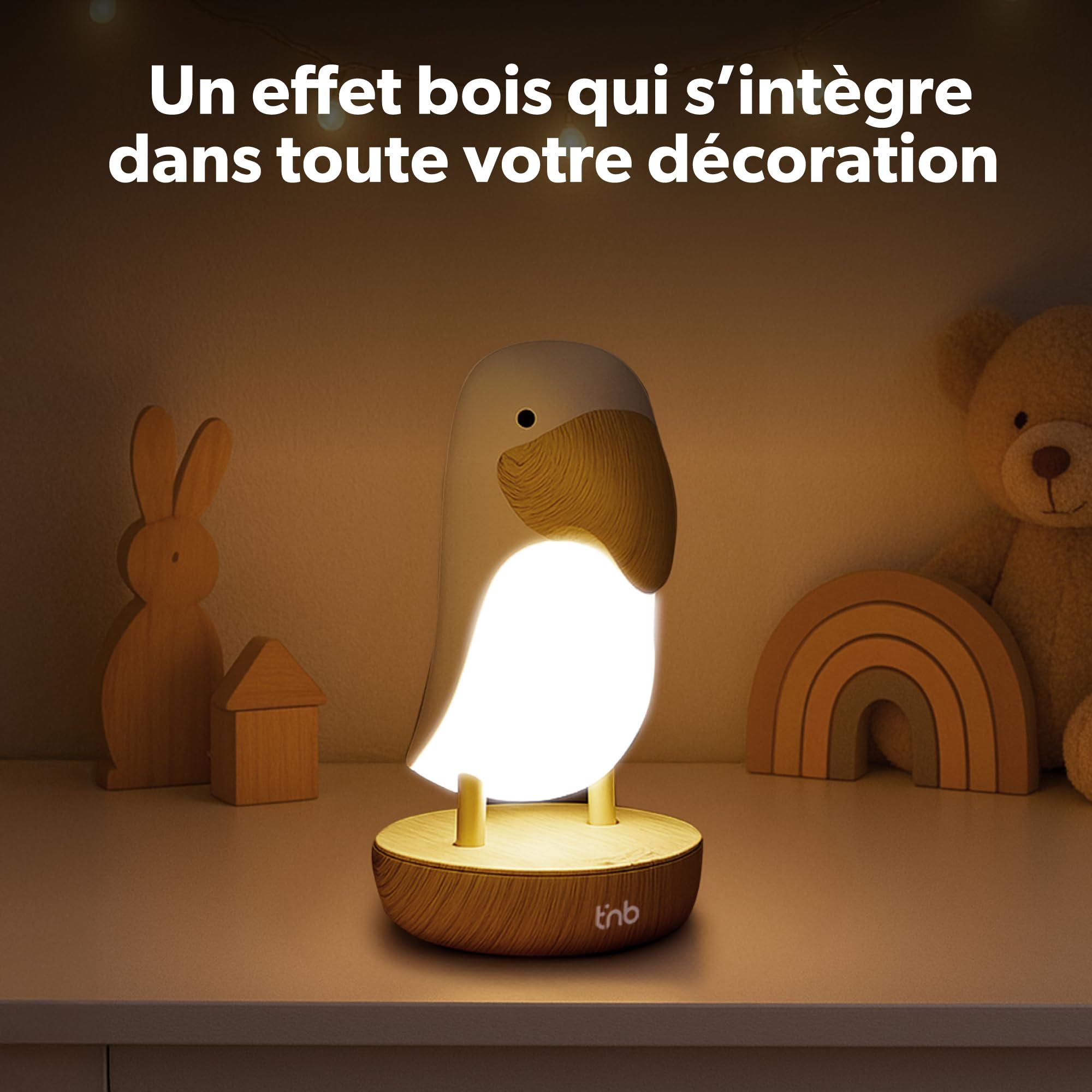 T'nB – Luz nocturna con sonidos relajantes, 6 ruidos naturales para la relajación, control remoto, temporizador 30 min, brillo ajustable, modo de respiración, carga USB – Tucán blanco