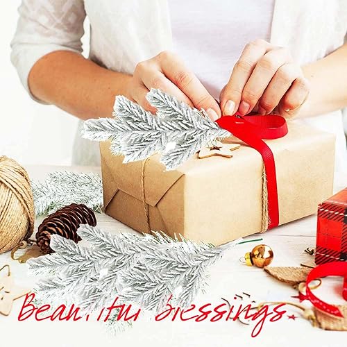 Miniatura 9 de 16 púas de pino artificial flocado de 11.4 pulgadas, ramas de pino artificial de bosque de nieve, ramas de árbol de vegetación falsas, hojas de