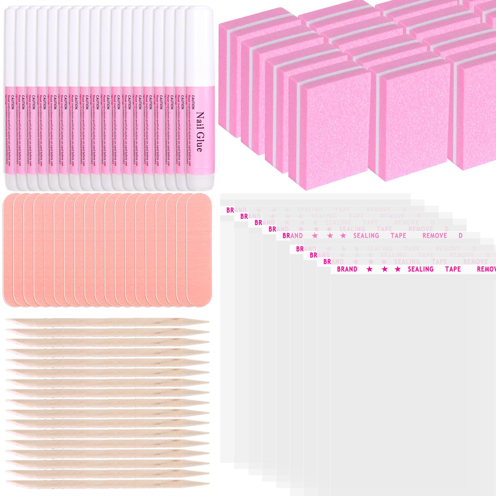 Laza50 Sets of 5-in-1 Press On Nail Tool Kit for Nail Salon Business, Disposable Nail Prep Kit with Nail Glue, Nail Files, Self Sealing Cellophane Bags, Nail Buffer, Wood Sticks for Nails — 250 Pcs