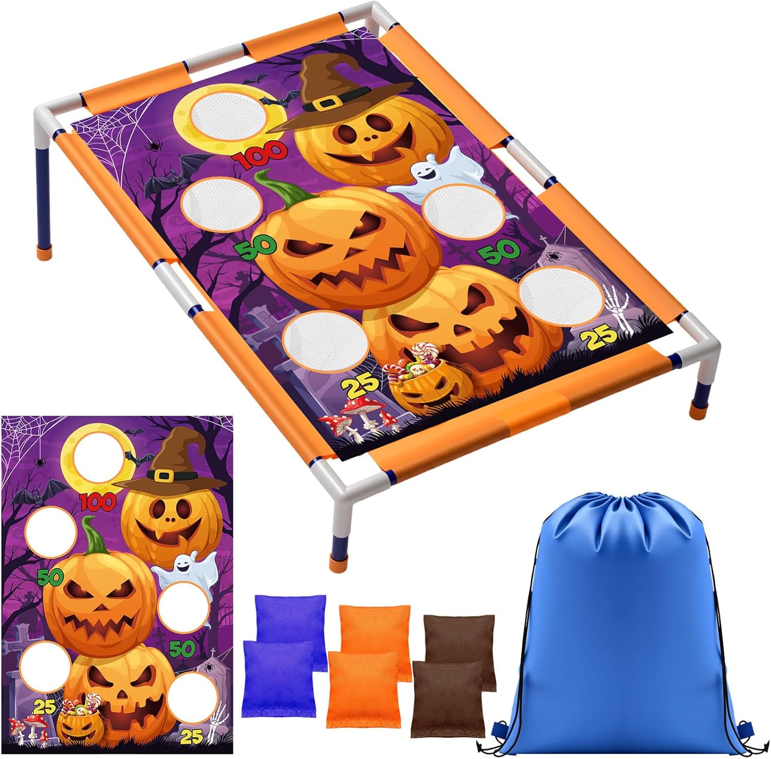 Halloween Bean Bag Toss Party Game for Kids Adults with 6 Bags Pumpkin Portable 6 Hole Corn Toys Set for Boys Girls Outdoor Indoor Toddlers Halloween Favors Carnival Gift