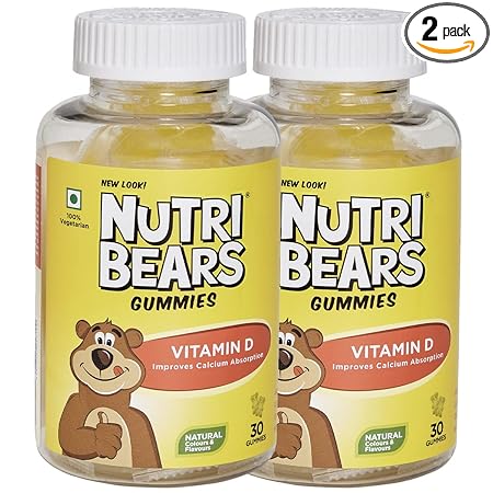 NutriBears Vitamin D Gummies for Kids and Teens, Pack of 2, Promotes Positive Mood and Enhances Calcium Absorption, 60 Count (Lemonade Flavour)