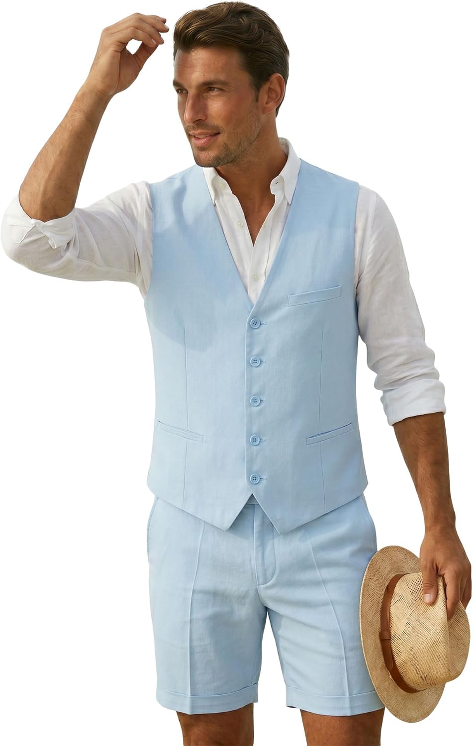 Hihawk Men’s 2-Piece Linen Vest Pants, Lightweight Waistcoat Shorts, Casual Wedding Beach Summer Prom Homecoming Outfit