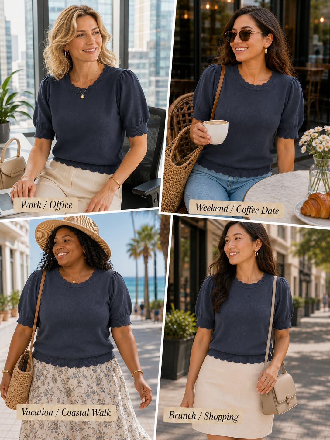 Short Sleeve Sweater for Women Pullover Knit Tops Scalloped Crewneck Puff Sleeve 2026