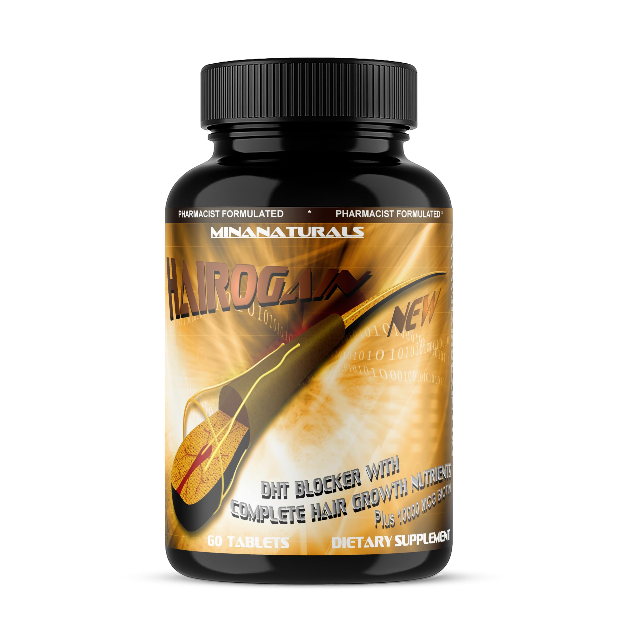 HAIROGAIN DHT Blocker. Support Hair Growth. 10000 mcg Biotin, Collagen & Hair Vitamins Added. Help Decrease Hair Loss and Baldness. 60 Tablets