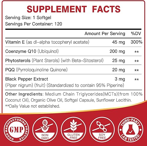 Miniatura 2 de DRFOSTER Coq10 Ubiquinol 200mg, cápsulas blandas Coq10 200mg, Ubiquinol de máxima absorción con vitamina E y PQQ y pimienta negra, potente
