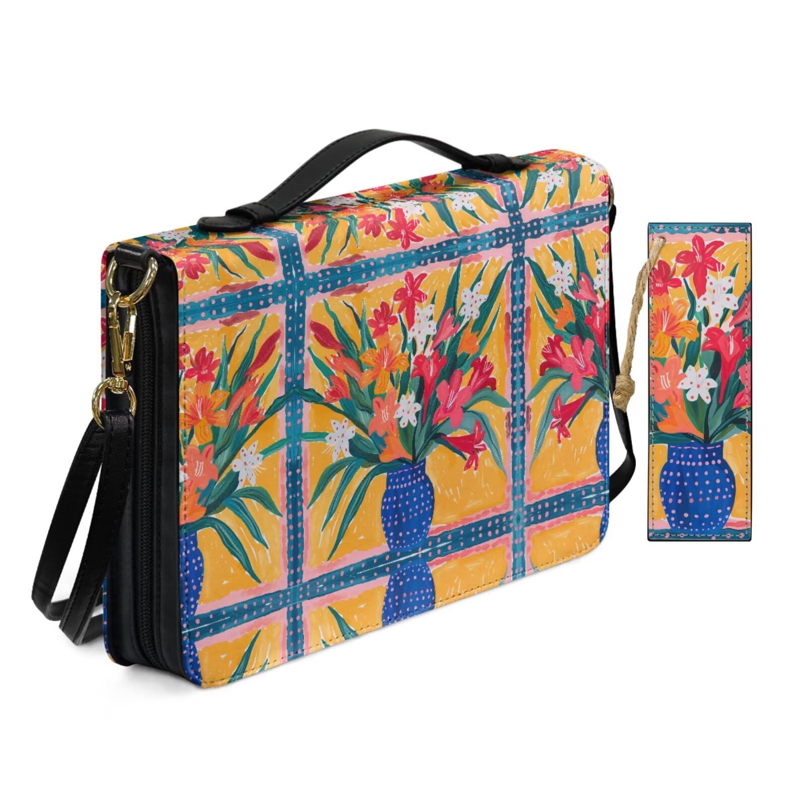 Yellow Boho Potted Floral Bible Cover Case for Women Travel Church Worship Print Pu Leather Shoulder Strap Bible Bags with Bookmark & Handle Pockets Zippered Crossbody Book Covers