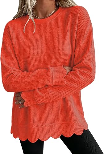 Scalloped Sweatshirts for Women Crewneck Long Sleeve waffle 
