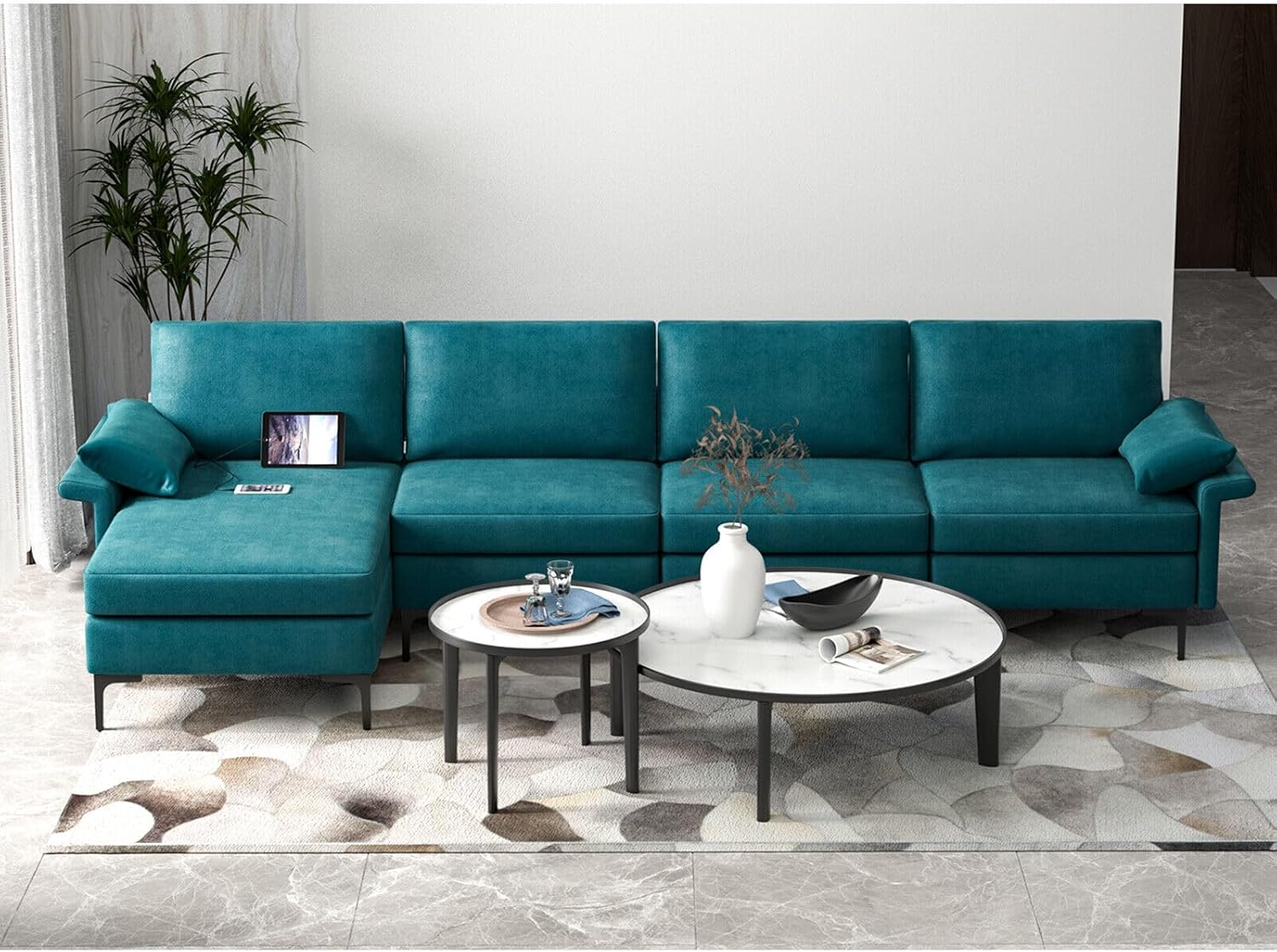 MARURY Futon Sleeper Sofa, Modern Modular L-Shaped Sectional Sofa, W/Reversible Chaise & 4 USB Ports Blue, for Living Room Furniture Set