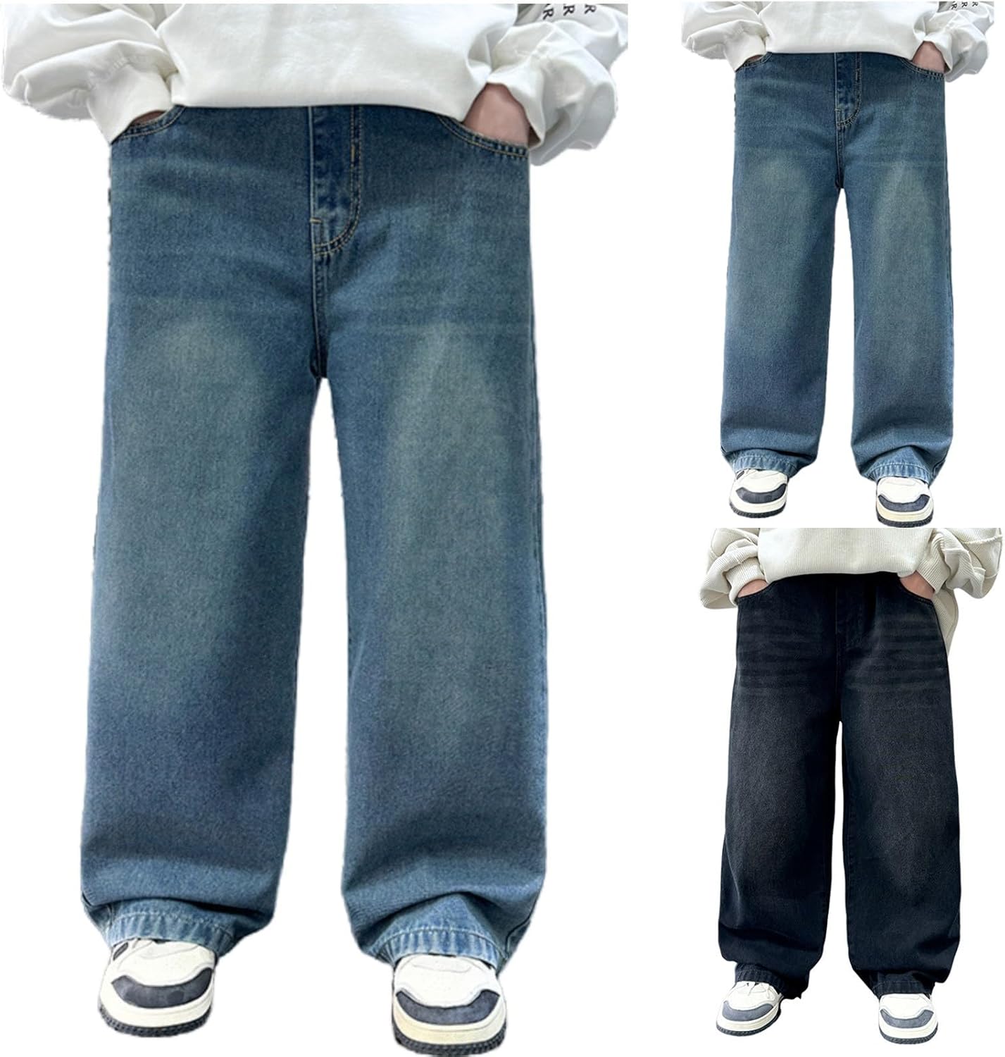 Boys Wide Leg Jeans Baggy Elastic High Waist Preppy Denim Pants Teen Kids Trendy Vintage Loose Trousers with Pockets