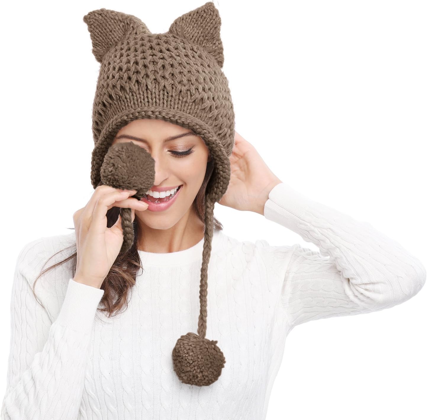 Bellady Winter Cute Cat Ears Knit Hat Ear Flap Crochet Beanie Hat - Image 2