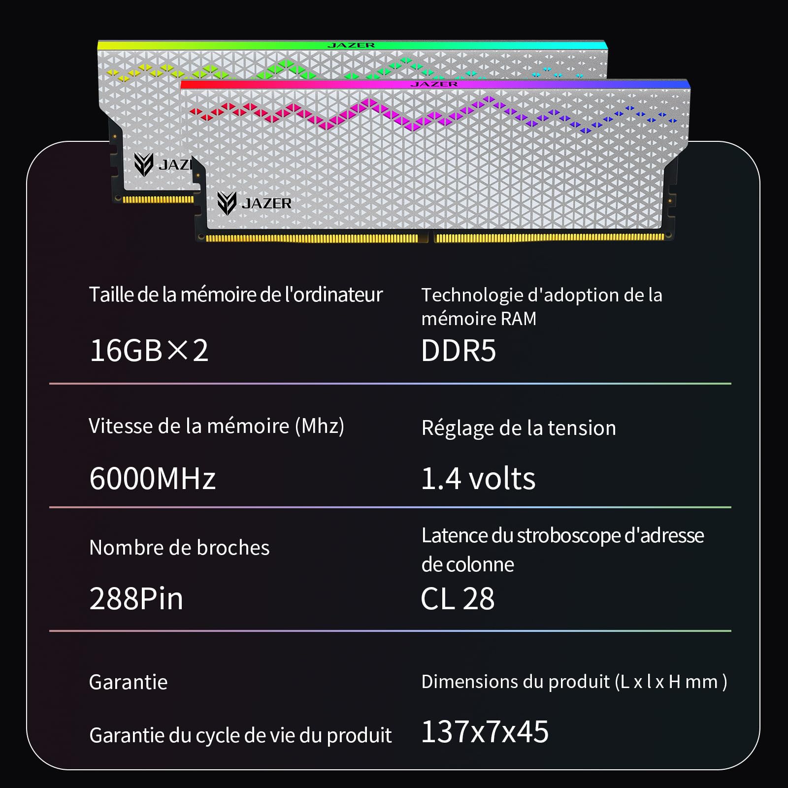 JAZER DDR5 RGB 32Go (16Go x 2) 6000MHz CL28 - Compatible avec XMP 3.0 et Expo - Mémoire de Travail pour Ordinateur de Jeux PC CL28-35-35-76/1,4V(Blanc)