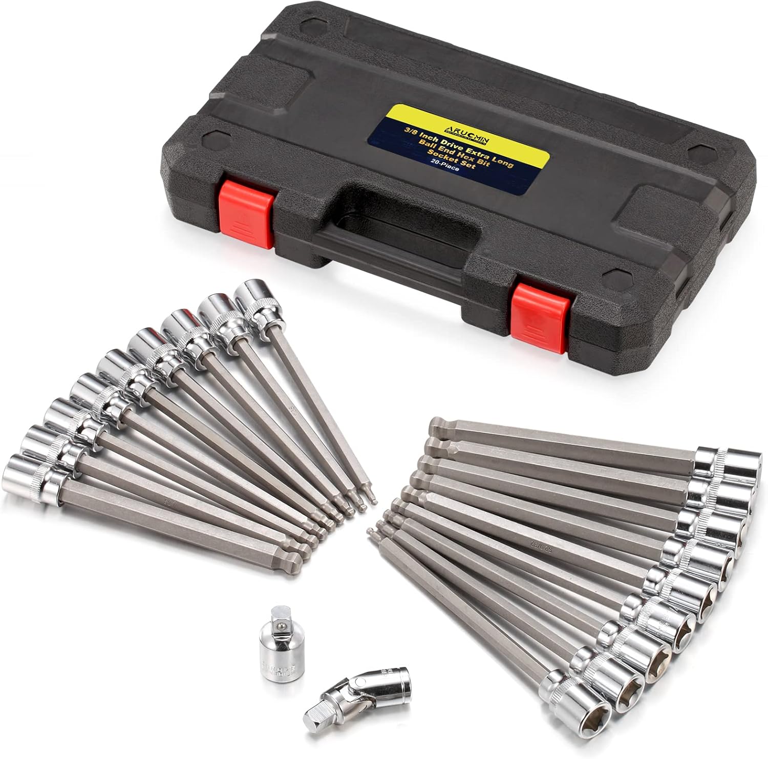 3/8 Inch Drive Extra Long Hex Bit Socket Set, 20-Piece Ball End Allen Socket Set With SAE and Metric 1/8 Inch to 3/8 Inch & 3mm to 10mm, CR-V and S2 Steel