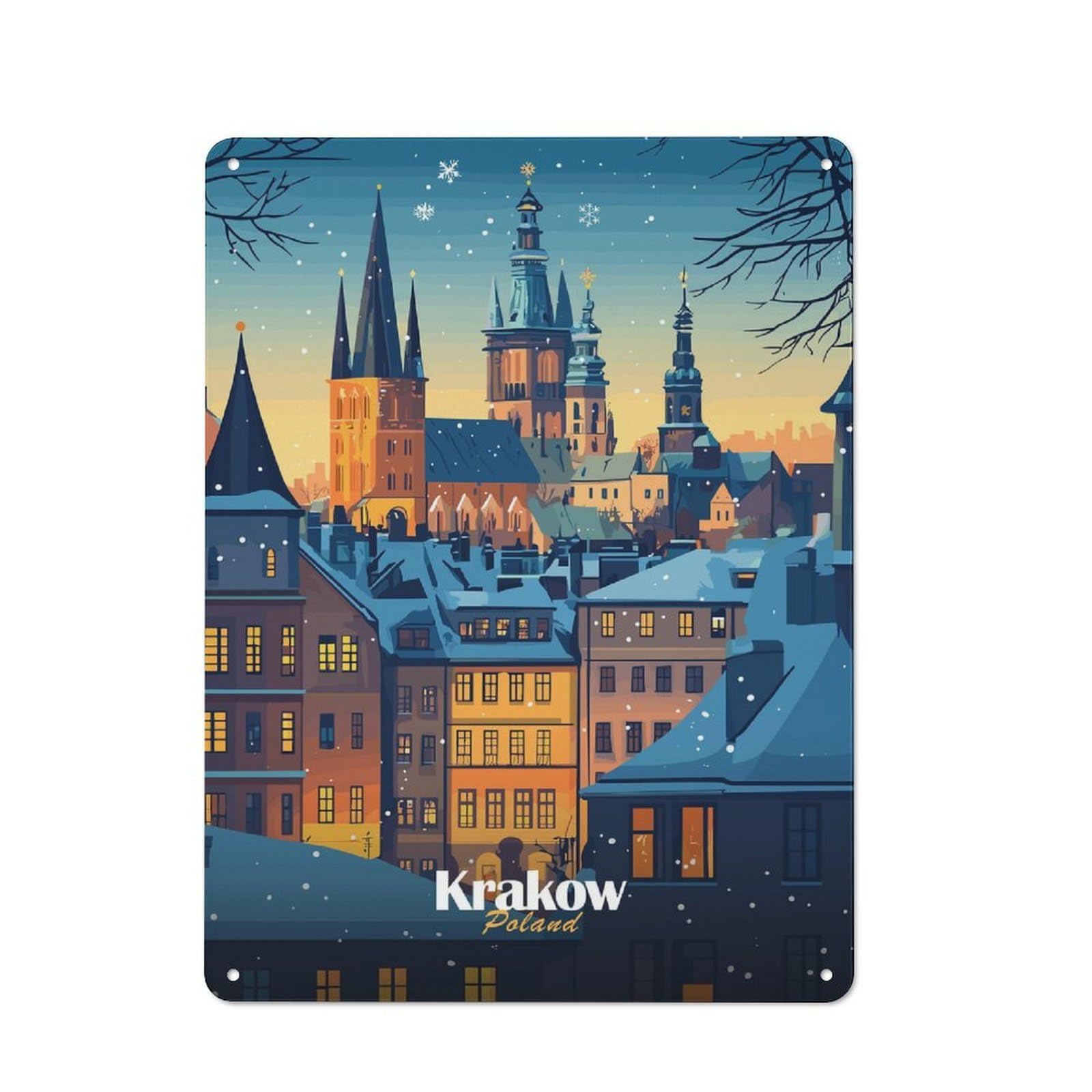 Junmoney Style-16 Retro Metal Wall Sign 40X30cm With Snowy Krakow Cityscape For Home Bar Wall, A Decorative Gift For A Newly Furnished Home Bar