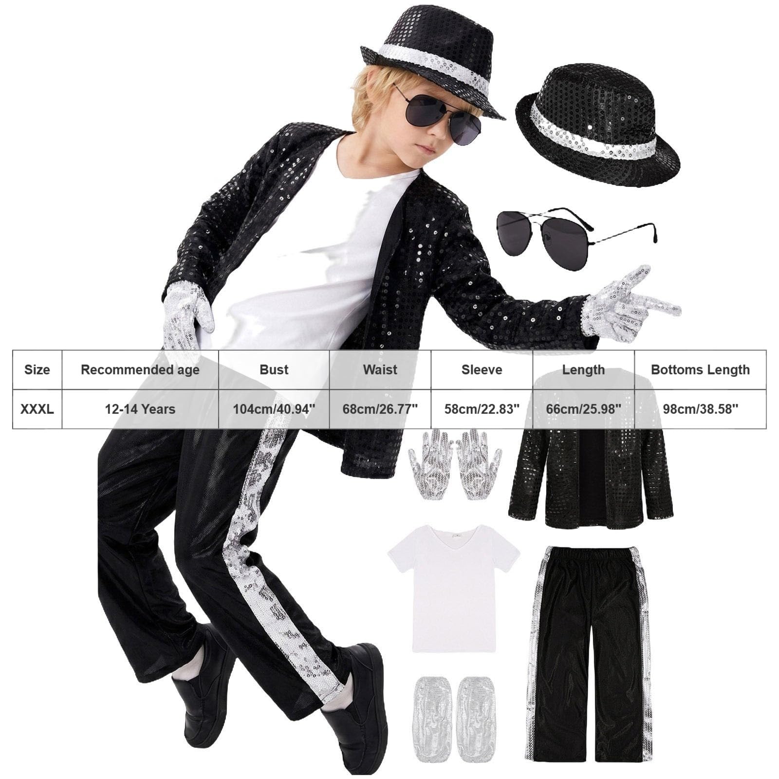 Kids Retro Pop Star Costume 7-Piece Set Sequin Jacket Striped Pants With Hat Sunglasses Gloves And T-Shirt 80s 90s Music Icon For Halloween Party Stage Performance And Fancy Dress - Image 6