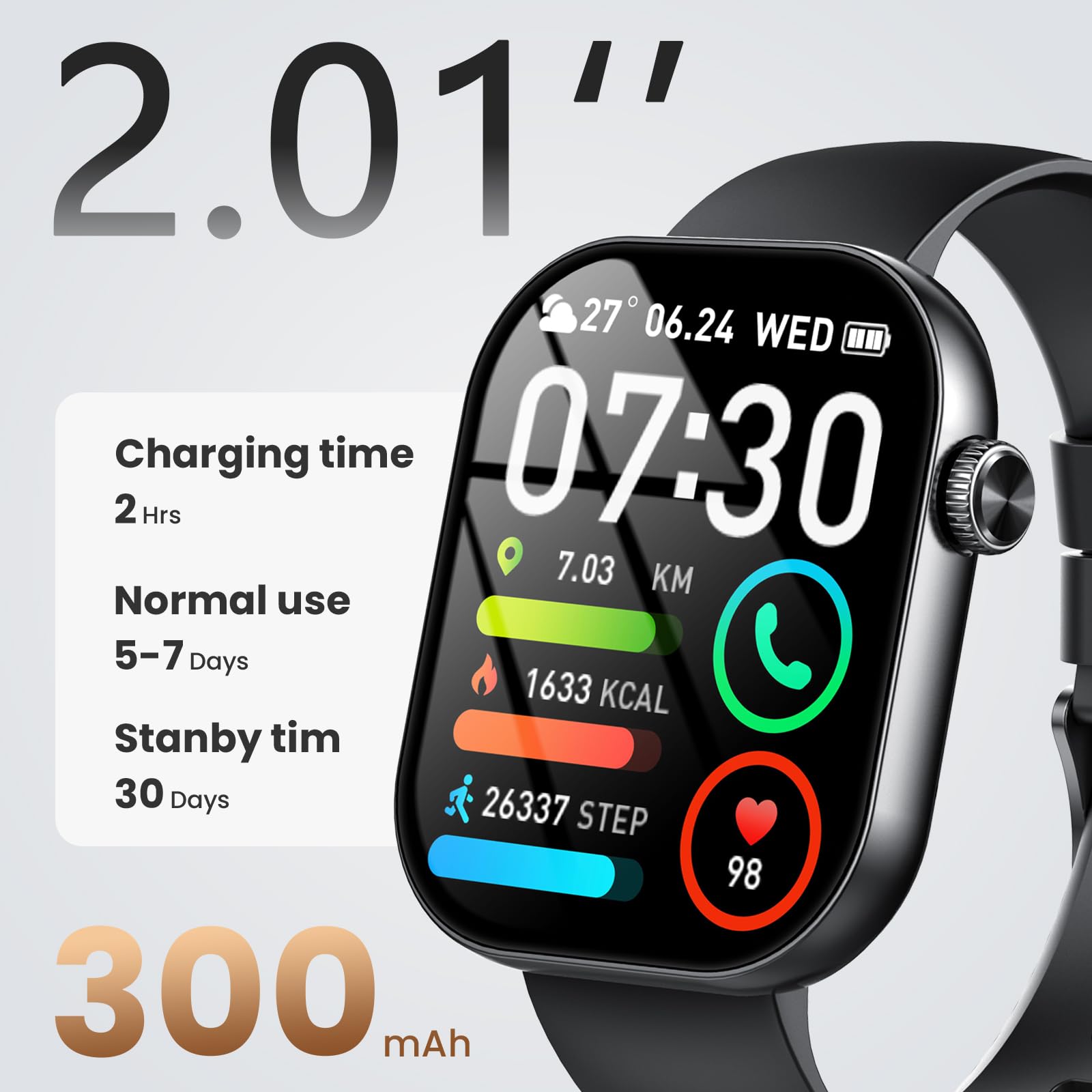 Smartwatch Uomo Donna, 2.01" Orologio Smartwatch con Chiamata Bluetooth e Risposta Vivavoce, Fitness Tracker con Contapassi/Sonno/Cardiofrequenzimetro, Impermeabile 5ATM, 100+ Sports Smart Watch Nero