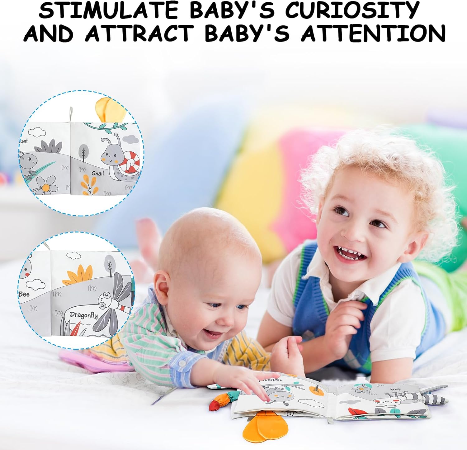 Cloth Book for Babies Touch and Feel - Soft 3D Sensory Crinkle Fabric Books for Newborns Infants, High Contrast Toddler Learning Toy for 0-6 Months Boys Girls (Bee)