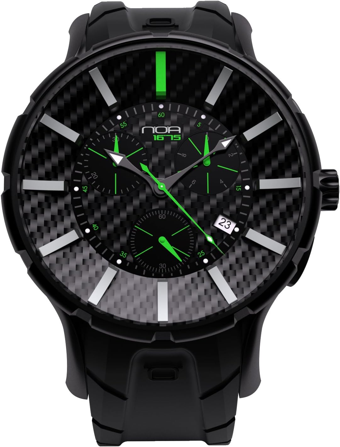 NOA Unisex Swiss Quartz Watch - Premium Analog Display with Real Carbon Fiber and Black Watch Band - Silver and Green Accents - Water Resistant Stainless Steel Fashion - GC6002