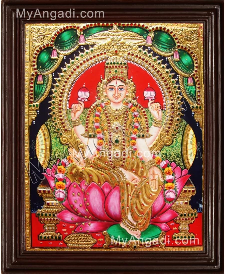 MYANGADI Traditional Iswarya Lakshmi Tanjore Painting - 22 Carat Gold Foil (31x26 cm)