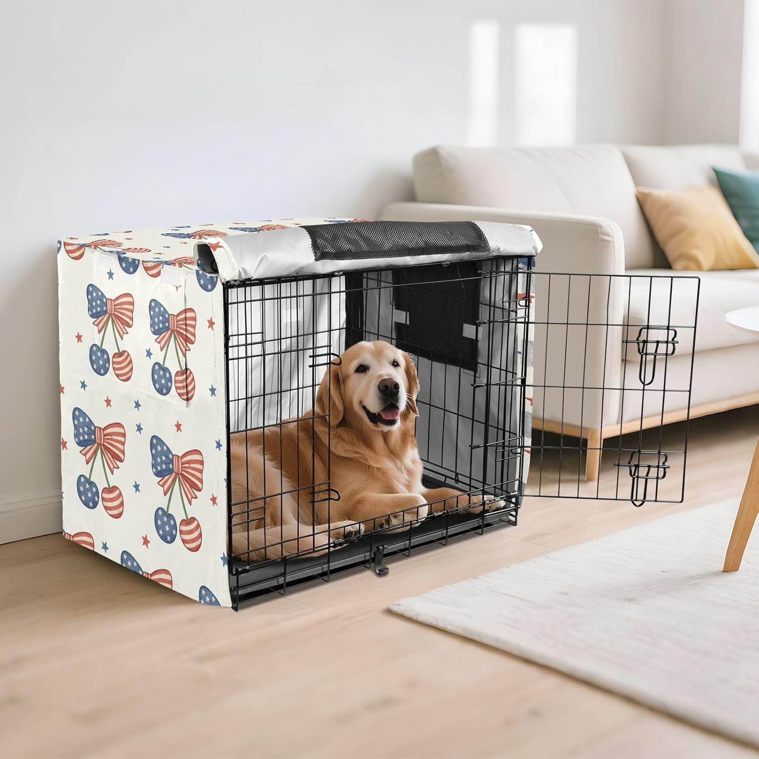 Duty 600D Silver Coated Dog Crate Cover, Water-Resistant Independence Day Elements Pet Kennel Canopy with Mesh Windows for Optimal Ventilation, Universal Fit for Standard Wire Cage, Indoor