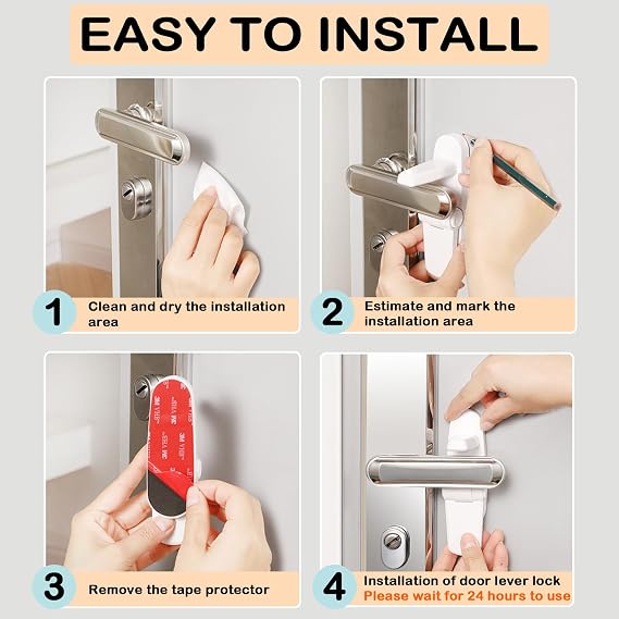 Childproof Door Lever Lock(2 Pack) Door Locks for Kids Safety,Preventing Babies From Opening Doors,Child Proof Door Lock with 3M Adhesive,Easy Install & Remove,Durable ABS,White