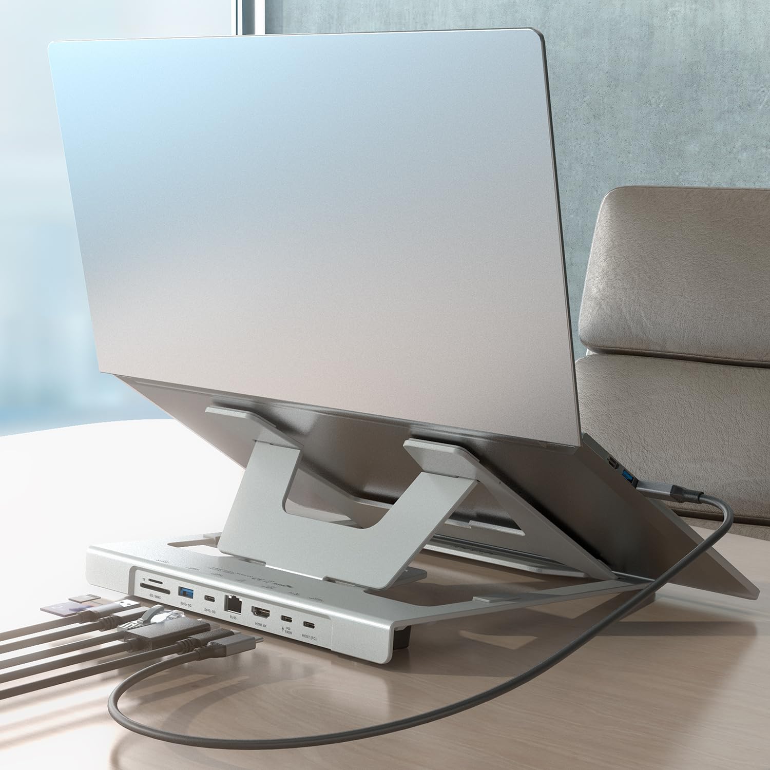 AISENS - ASUC-7P045-GR - Regulowany uchwyt na laptopa/tablet z USB-C Docking 7 w 1, szary
