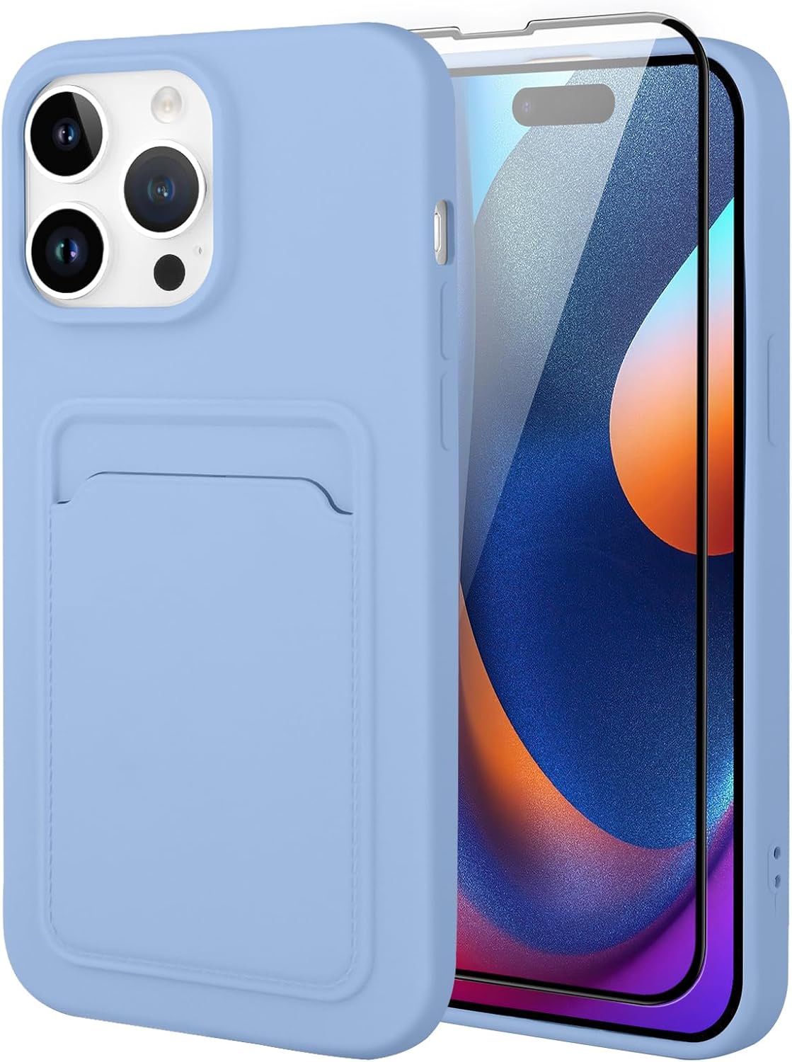 MZELQ Compatible with iPhone 15 Pro Case TPU Card Holder Wallet Cover,Camera Protection + Screen Protector Soft Card Slot Phone Case -Purple