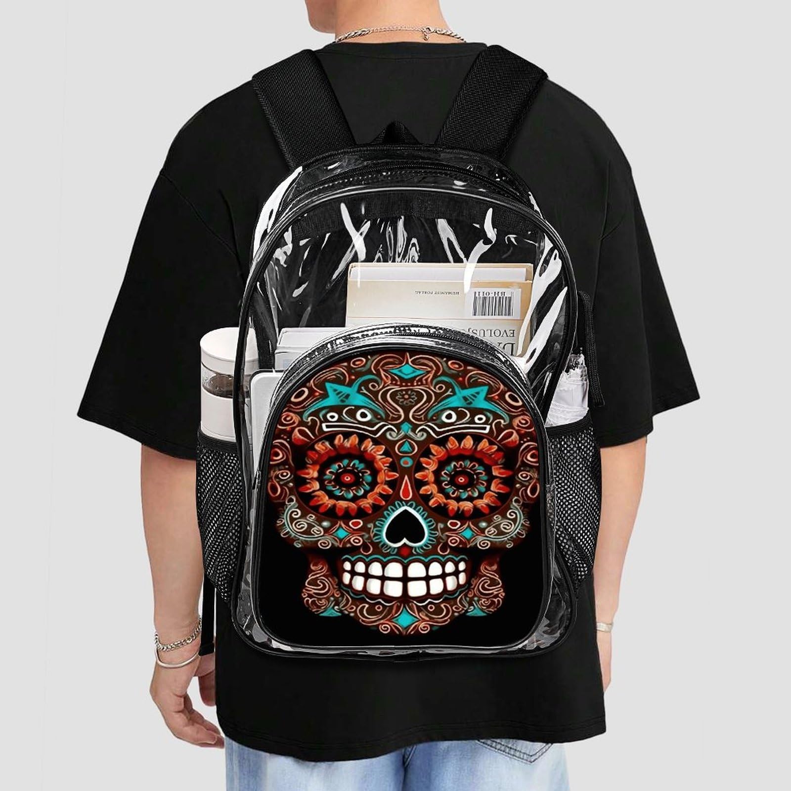Sugar Skulls Day of the Dead Transparenter Rucksack, groß, transparent, PVC, Büchertasche für Sicherheit, Arbeit, Reisen, Stadion